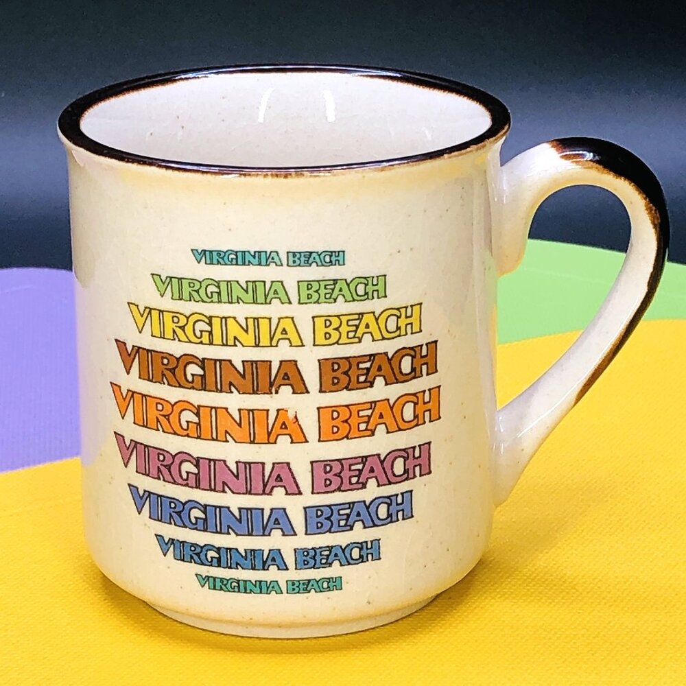 Vintage Rainbow VIRGINIA BEACH USA Coffee Mug: Stoneware - Retro Travel Souvenir